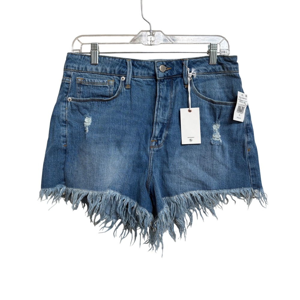 NWT Good American Bombshell Short Chewed Pockets Blue Denim Cutoffs Size 10/30